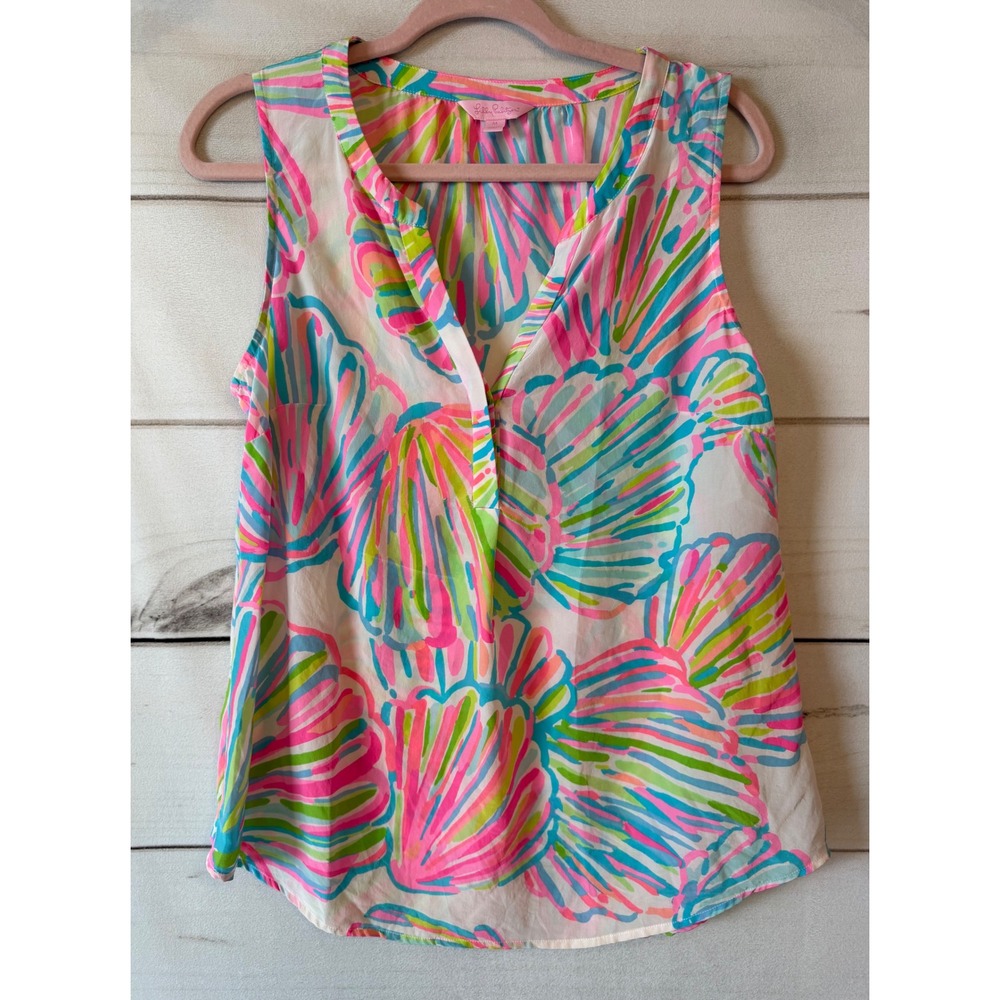 Lilly Pulitzer Elsa Silk Sleeveless Top Shell Me Something Good Pink Blue M